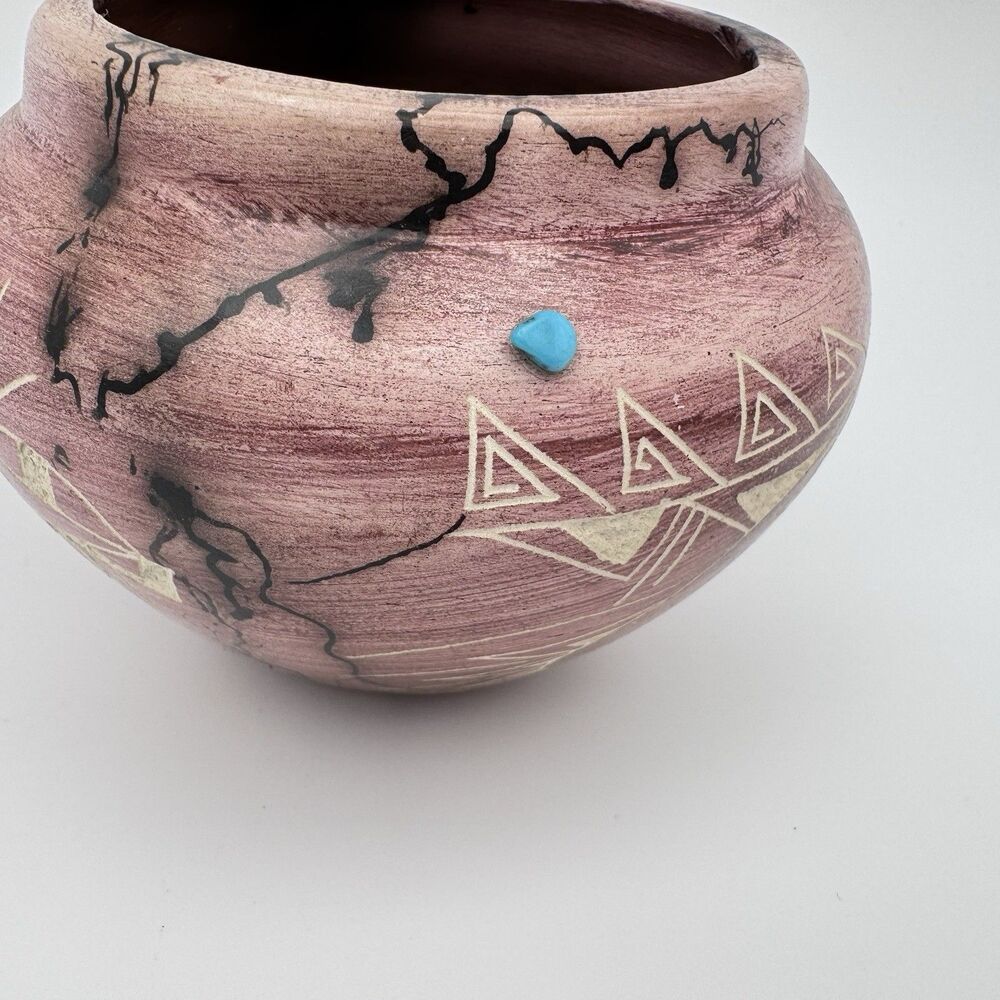 Native American Navajo Horse Hair Pottery 3" With Turquoise Stone Signed